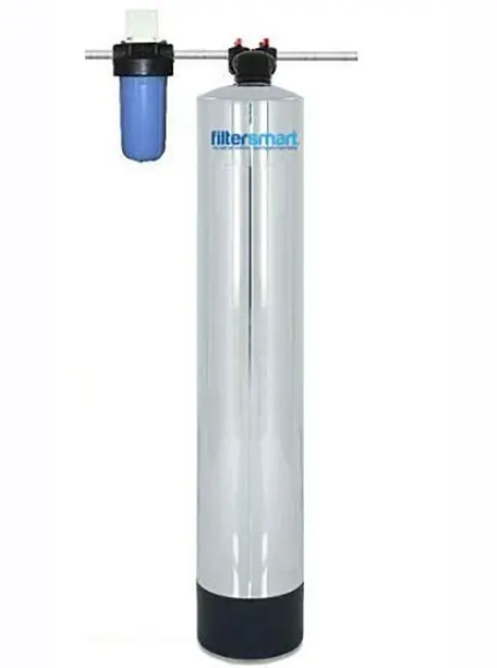 Filtersmart Fs1000 water filtration system with stainless steel tank and blue filter unit for clean water.