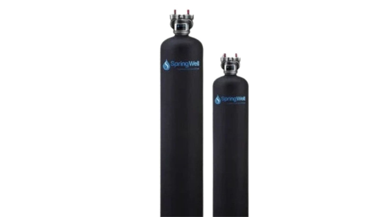 Filtersmart Reviews Springwell sleek black water treatment tanks with contrasting blue logos and valves.