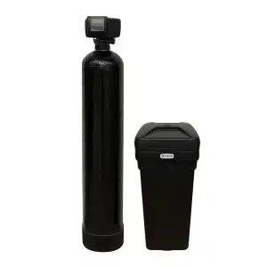 Fleck 5600sxt Water Softener system featuring a sleek black cylindrical tank and rectangular salt container.