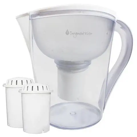 Ph Restore Alkaline Water Filter Pitcher with two extra filters featuring sleek, transparent design.