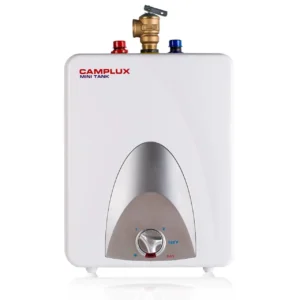 Point Of Use Water Heater Camplux Mini Tank, sleek white design with control knob and fittings.