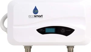 Point of use water heater EcoSmart POU35 featuring compact design, digital display, and eco-friendly functions.