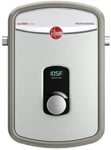 Point of use water heater Rheem Classic Series with digital display and control knob in modern design.