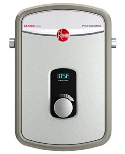 Rheem water heater RTEX-13 showcasing digital display and controls, ideal for compact residential use.