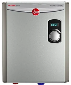 Rheem water heater RTEX 18 review highlighting sleek design, digital display, red and blue fittings.