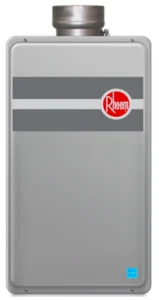 Rheem Water Heater Reviews RTG 84dvln sleek tankless unit with modern design and gray finish.