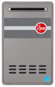 Rheem water heater Rheem RTG 84XLN model, sleek design, energy-efficient, featuring Rheem logo and vents.