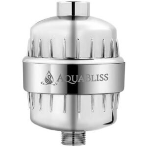 Shower head filters AquaBliss chrome finish with vertical grooves for enhanced water quality and style.