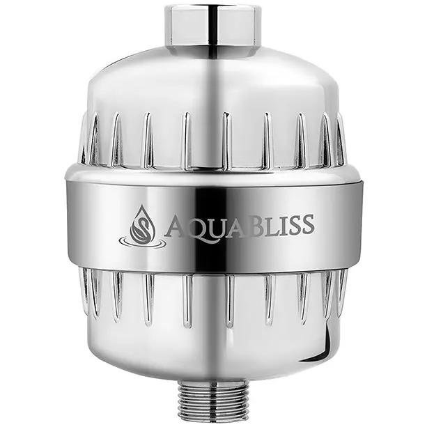 Shower head filters AquaBliss chrome finish with vertical grooves for enhanced water quality and style.