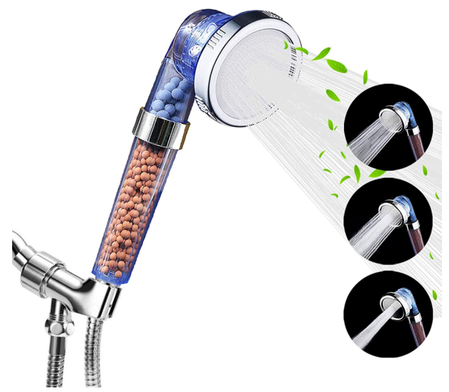 Shower Head Filters Luxsego Ionic Pure handheld with transparent filtration, mineral stones, eco-friendly mist spray.