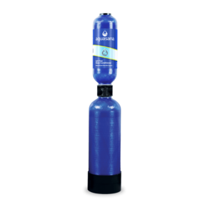 Springwell Futuresoft Aquasana water filtration system with sleek blue double-cylinder design and stable base.