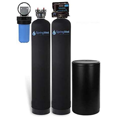 Springwell whole house water filter system with pre-filter, dual filtration tanks, and brine softener.