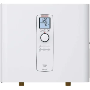 Stiebel Eltron Tempra Water Heater 29 Plus features a sleek, minimalist design with digital display and control dial.