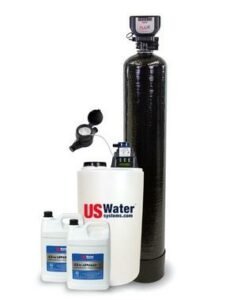 Sulfur water filter system showcasing Flexx Infusion model with black tank and US Water brine container.