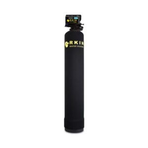 Sulfur water filter Rkin - sleek black cylinder design, digital controls, efficient filtration, bright branding.