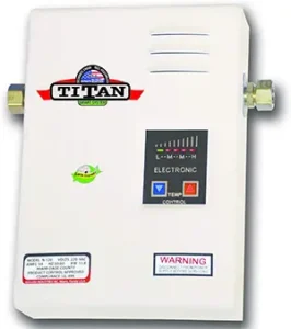 Titan Tankless Water Heater N120 featuring LED temperature settings, eco-friendly label, and TEMP Control buttons.