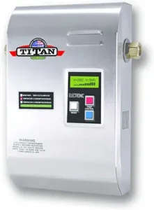Titan tankless water heater N160 featuring sleek design, digital controls, and space-saving dimensions.