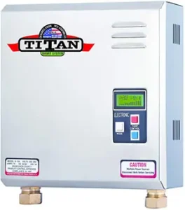 Titan tankless water heater N180 in modern white design with digital controls, ensuring reliability.