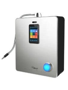 Tyent Water Ionizer Ace 13 sleek device with digital touchscreen, metallic hose, and illuminated control knob.