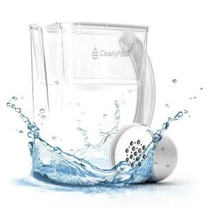 Water-filter-pitcher ClearlyFiltered displaying sleek, transparent design with dynamic water splash and effective filtration.