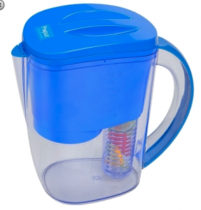 Water filter pitcher by Propur featuring a vibrant blue lid and handle with prominent filtration system.