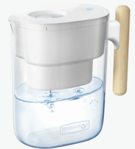 Water Filter Pitcher Waterdrop Chubby modern design pitcher with transparent body and wood-like handle.