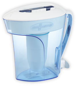 Water filter pitcher by Zerowater showcases a modern design with transparent blue tint and robust filtration system.