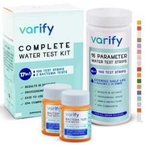 Water Test Kit Varify brand 17-in-1 kit with bacteria tests and color comparison chart for home use.