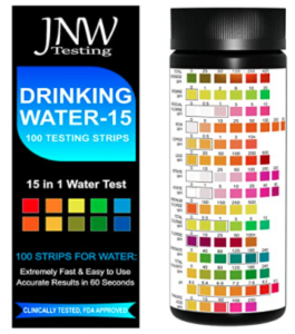 Water test kit JNW Hardness Test Strips featuring 15-in-1 features and colorful result chart for easy reading.