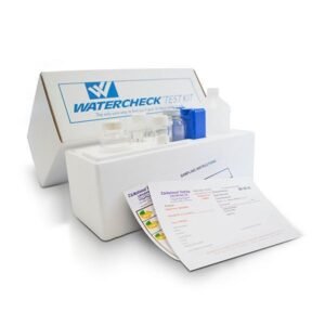 Water test kit featuring WaterCheck brand components for home water quality analysis including vials and instructions.