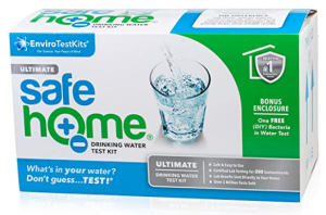 Water Test Kit Safe Home EnviroTestKits packaging displaying clear water imagery and health-focused features.