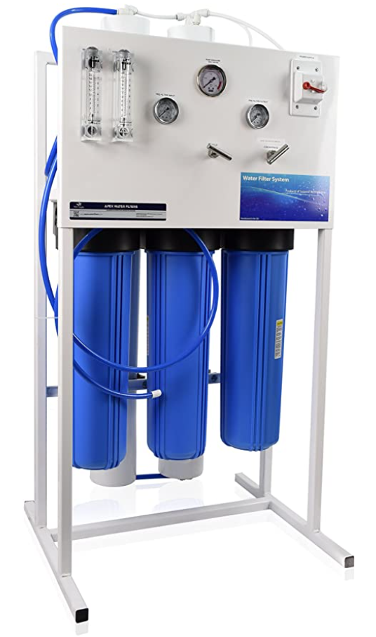 Whole house reverse osmosis system featuring blue canisters, control panel, and Apex filtration design.