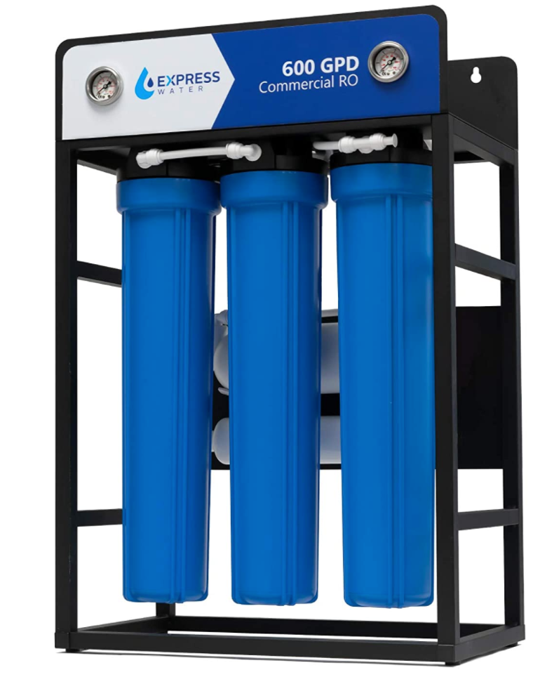 Whole house reverse osmosis system by Express Water with three blue filters and 600 GPD capacity.