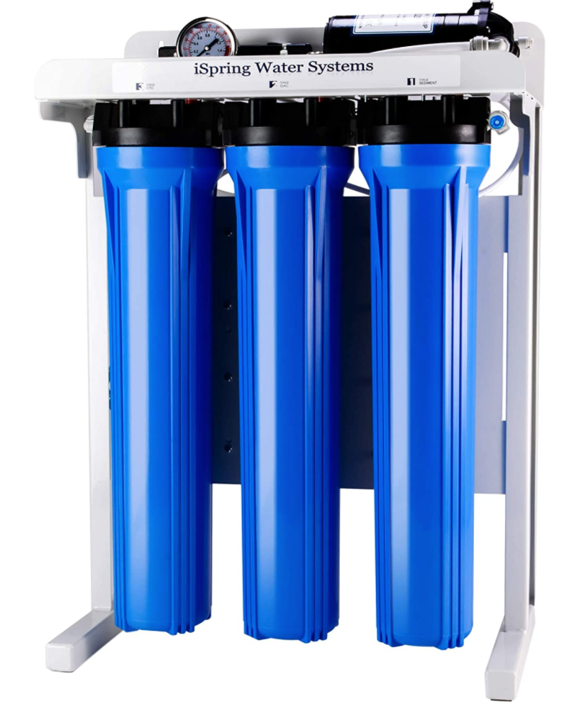 Whole house reverse osmosis iSpring RCB3P water filtration system with three blue filter housings.